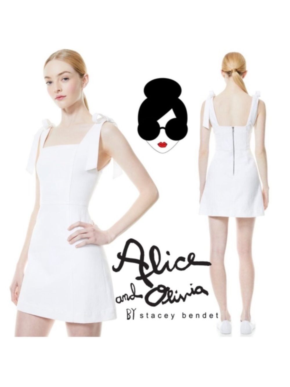 Alice + Olivia Jeans "Maryann" White Sugar Denim Square Neck Mini Dress *Altered - Picture 3 of 17